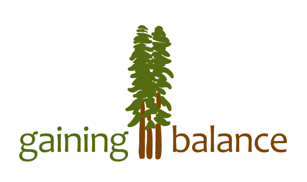 gaining-balance-logo_revised Logo with the text gaining balance and a pair of tall pine trees in the middle